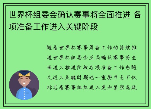 世界杯组委会确认赛事将全面推进 各项准备工作进入关键阶段