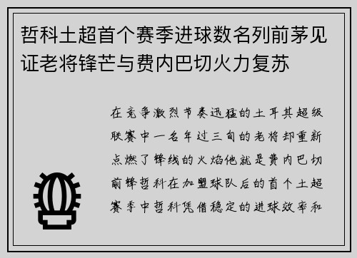 哲科土超首个赛季进球数名列前茅见证老将锋芒与费内巴切火力复苏 哲科土超首个赛季进球数名列前茅见证老将锋芒与费内巴切火力复苏